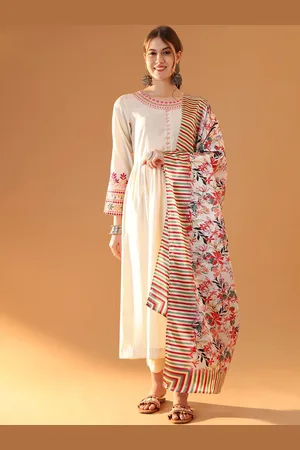 Tulsattva Round Neck Thread Work Chanderi Cotton Anarkali Kurta & Trouser & Dupatta