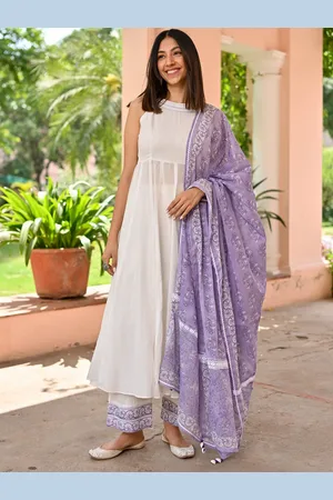Bunaai High Neck Cotton Anarkali Kurta with Trousers & Dupatta