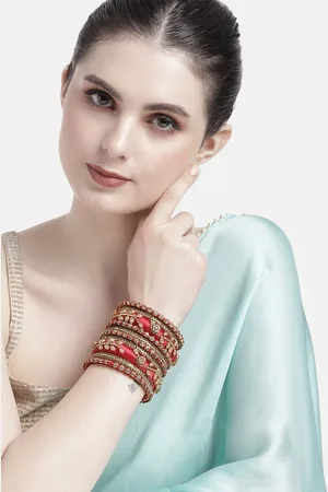 Peora Women 10Pcs Gold-Plated Stone Studded Silk Threaded Bangles