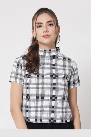 KOTTY Women Checked Printed High Neck Short Sleeves Casual Top