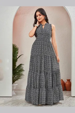 CHANSI Floral Printed Tie-Up Neck Georgette Maxi Dress