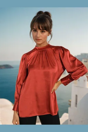 KOTTY Women Satin High Neck Cuffed Sleeves Top