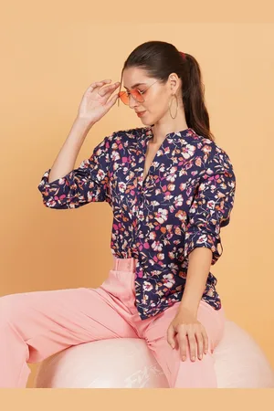 Mast & Harbour Women Relaxed Mandarin Collar Floral Printed Cotton Oversized Casual Shirt