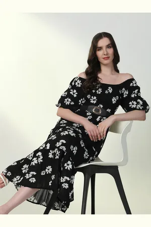 SHOWOFF Women Floral Printed Off-Shoulder Puff Sleeve Fit & Flare Midi Dress