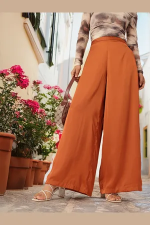 DressBerry Women Burnt Orange Glossy Grace Wide Leg Trousers