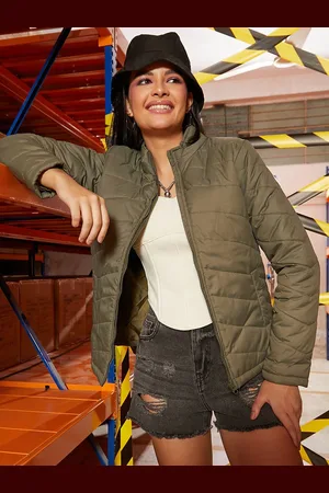 Campus Women Mock Collar Solid Casual Puffer Jacket