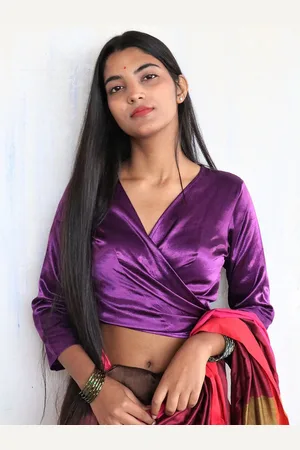 Chidiyaa Women Purple Wrap Crop Top-Type Silk Saree Blouse