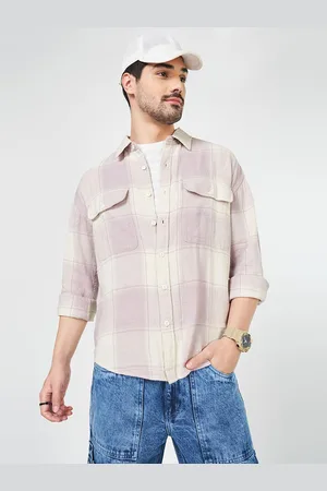 PEOPLE Men Spread Collar Checked Cotton Boxy Casual Shirt
