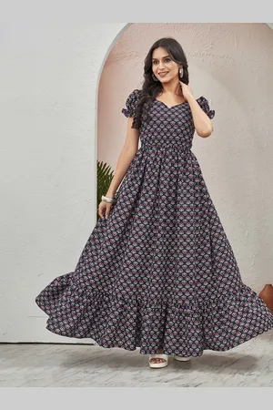 CHANSI Women Cotton Floral Print Puff Sleeve Fit & Flare Maxi Dress