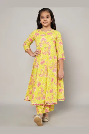 FABRIC FITOOR Girls Floral Printed Gotta Patti Pure Cotton Kurta with Palazzo