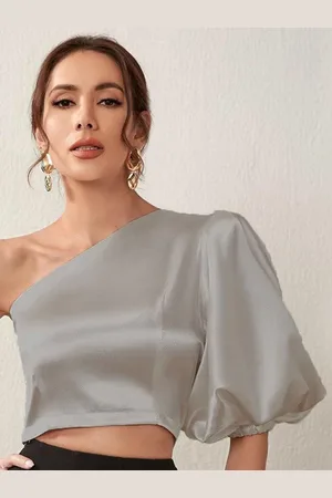 KOTTY Women Solid One Shoulder Satin Crop Top
