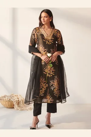 Ambraee Floral Printed Zari Yoke or Border V-Neck Kurta With Trousers & Dupatta