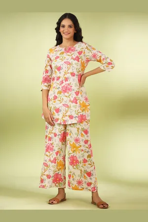 JISORA Pink & Beige Floral Printed Pure Cotton Kurti & Trousers Set