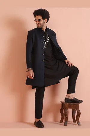 KISAH Self Design Mandarin Collar Silk Georgette Indowestern Sherwani Set