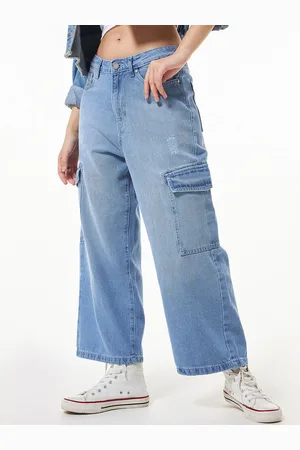 Bewakoof Women Straight Fit High-Rise Low Distressed Light Fade Cotton Cargo Jeans