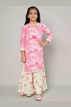 FABRIC FITOOR Girls Floral Printed Gotta Patti Pure Cotton Kurta with Sharara