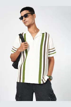 PEOPLE Men Cuban Collar Vertical Striped Cotton Relaxed Fit Casual Shirt