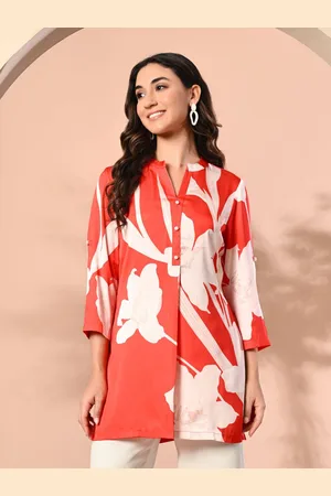 MEESAN Women Mandarin Collar Floral Printed Tunic