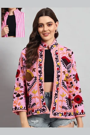 HANDICRAFT PALACE Women Floral Embroidered Cotton Ethnic Open Front Reversible Jacket