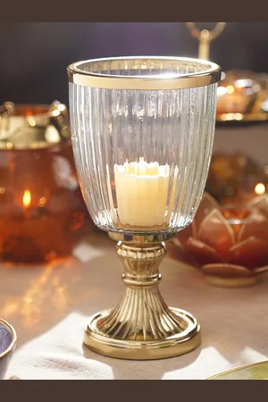 Pure Home and Living Gold-Toned Textured Glass Hurricane