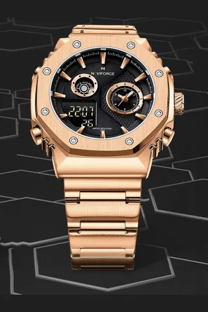 Naviforce Men Brass Dial & Stainless Steel Straps Analogue and Digital Multi Function Watch NF9216S RGB