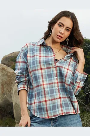 Campus Women Comfort Spread Collar Tartan Checked Oversized Casual Shirt