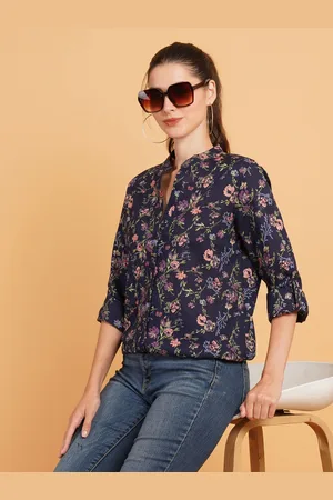 Mast & Harbour Women Relaxed Mandarin Collar Floral Printed Cotton Oversized Casual Shirt