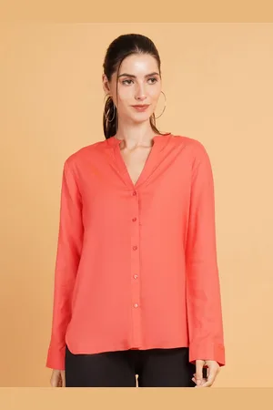 Mast & Harbour Women Relaxed Mandarin Collar Solid Cotton Oversized Casual Shirt
