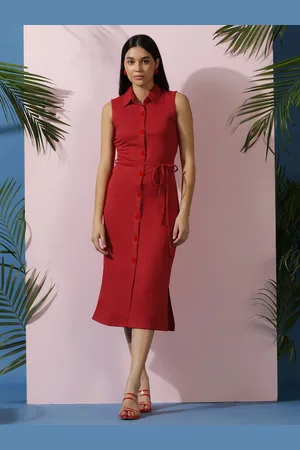 KOTTY Women Solid Shirt Collar Sleeveless A-Line Dress