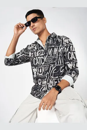 PEOPLE Men Spread Collar Typography Printed Cotton Boxy Casual Shirt