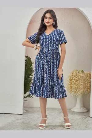 CHANSI Women Cotton Printed V-Neck Fit & Flare Dress