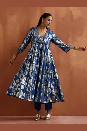 trueBrowns Ethnic Motifs Woven Design Empire V-Neck Brocade Anarkali Kurta With Sharara