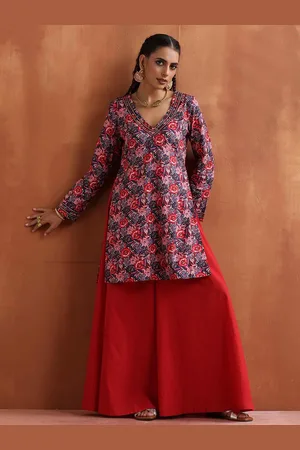 trueBrowns Ethnic Motifs Printed Straight Pure Cotton Kurta with Sharara