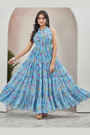 CHANSI Floral Printed Tie-Up Neck Georgette Maxi Dress