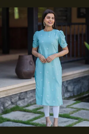 Hay Geometric Printed Round Neck Puffed Sleeves Straight Kurta