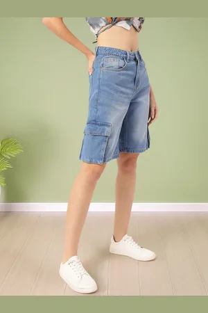 DressBerry Women Urban Utility Washed Cargo Style Skater Fit Denim Shorts