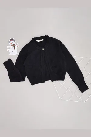 Pantaloons Girls Round Neck Front-Open Crop Sweaters