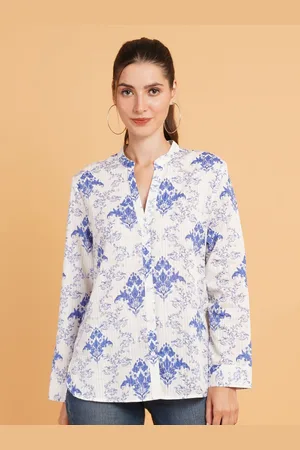 Mast & Harbour Women Relaxed Mandarin Collar Floral Printed Cotton Oversized Casual Shirt