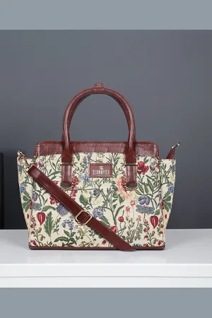 THE CLOWNFISH Zella Beige Floral Printed Structured Handheld Bag with Tasselled