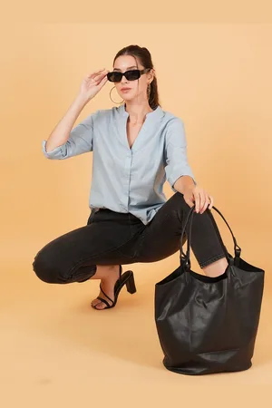 Mast & Harbour Women Relaxed Mandarin Collar Solid Cotton Oversized Casual Shirt