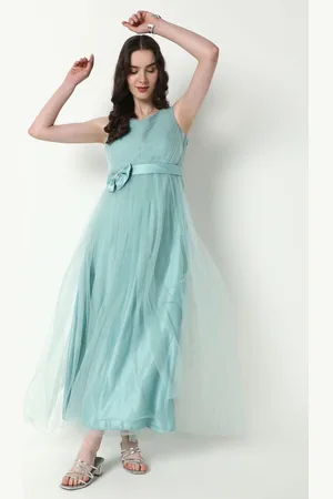 SHOWOFF Women V-Neck Net Fit & Flare Maxi Party Dress