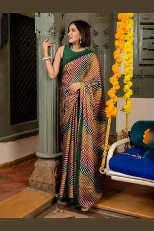 Mirchi Fashion Striped Leheriya Saree With Blouse Piece