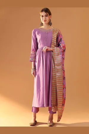Tulsattva Round Neck Regular Thread Work Chanderi Cotton Kurta With Trouser With Dupatta