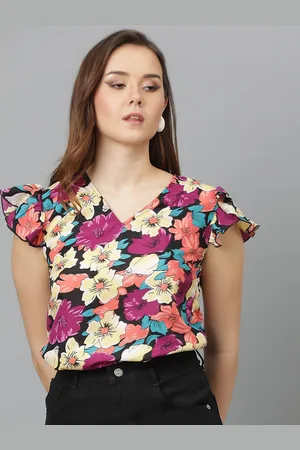 KOTTY Women Floral Printed V-Neck Flutter Sleeve Top