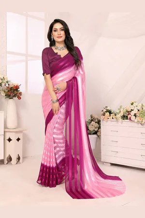 Moda Rapido Women Striped Printed Satin Saree With Unstitched Blouse Piece