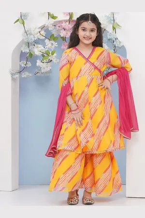 Bhama Girls Printed Angrakha Gotta Patti Kurta with Sharara & With Dupatta