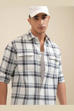 Highlander Men Off Mini Waffle Dobby Textured Checked Utility Pocket Relaxed Shirt