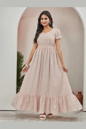 CHANSI Women Polka Dot Printed Puff Sleeve Cotton Fit & Flare Maxi Dress