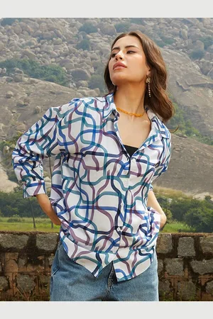 Campus Women Comfort Spread Collar Abstract Printed Cotton Oversized Casual Shirt