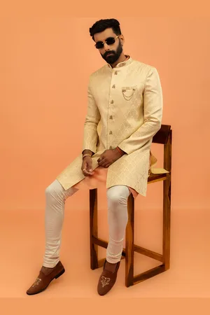 KISAH Self Design Mandarin Collar Indowestern Sherwani Set